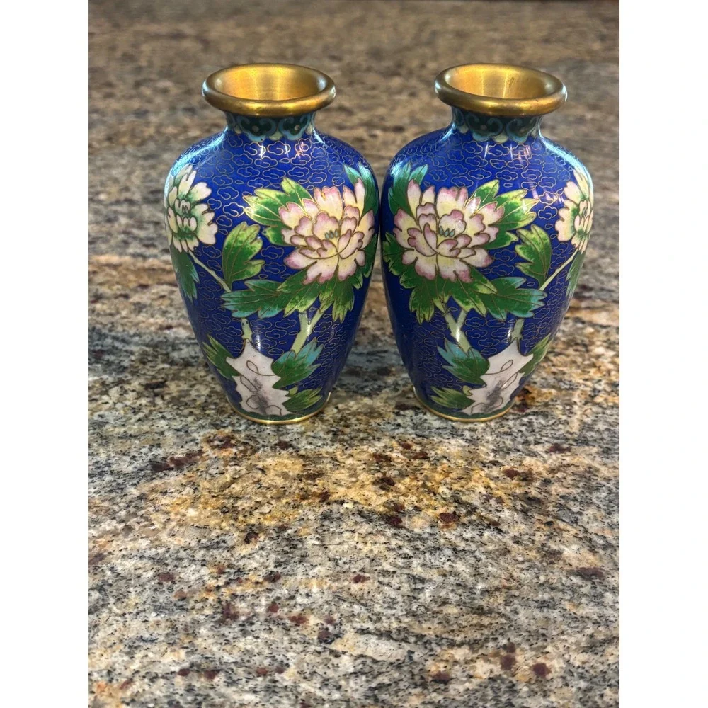 Vintage Chinese Cloisonne Miniature Enameled Vases Cobalt Blue Floral Pair 4.5